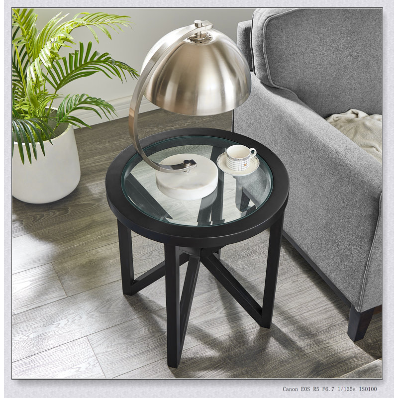 Table basse moderne simple en verre trempé avec base en bois massif, plateau rond transparent pour le salon et le bureau