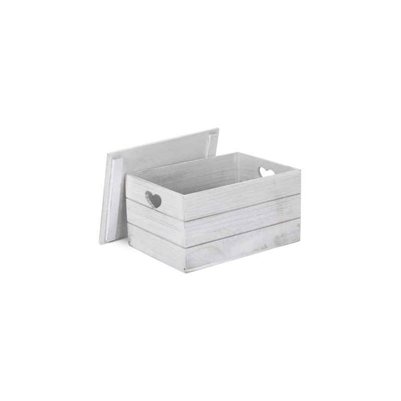 Wooden Lidded Storage Box with Heart Cut Outs, 25cm W x 35cm D, White Wash