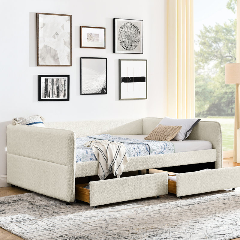 Grand lit tapissier avec lit gigogne et 2 tiroirs de rangement, tissu bouclé beige, 88 po x 65,5 po x 29,5 po, rayures verticales, mousse douce pour le confort, rangement facile pour le flux de travail, matériau,