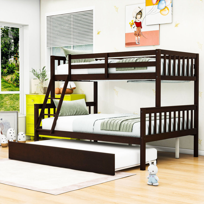 Kavarn Twin Over Full Wood Bunk Bed With Trundle And Guardrail, Espresso
