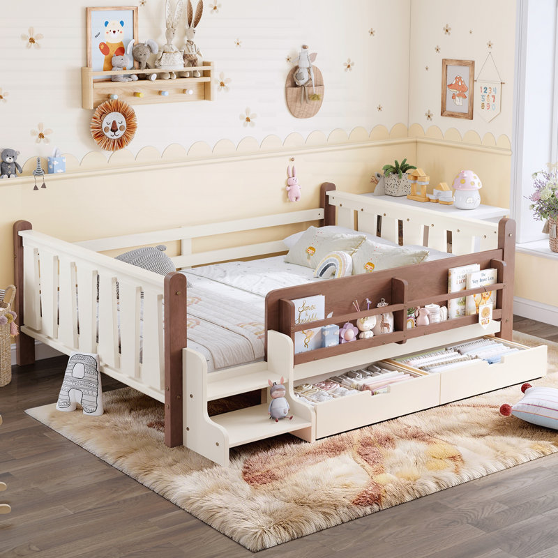 Lit double sur pied avec tiroirs de rangement, Beige