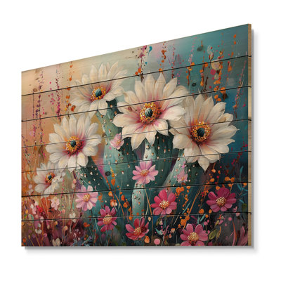 Beauté de cactus blanc et rose - Décoration murale bois de cactus floral - sur bois de pin naturel