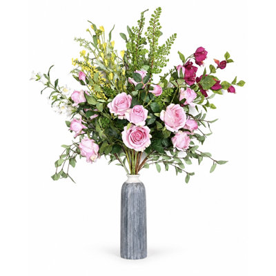 Bouquet de roses artificielles mixtes 36 "avec feuillage de verdure assorti, fausses tiges florales pour la présentation d'un vase