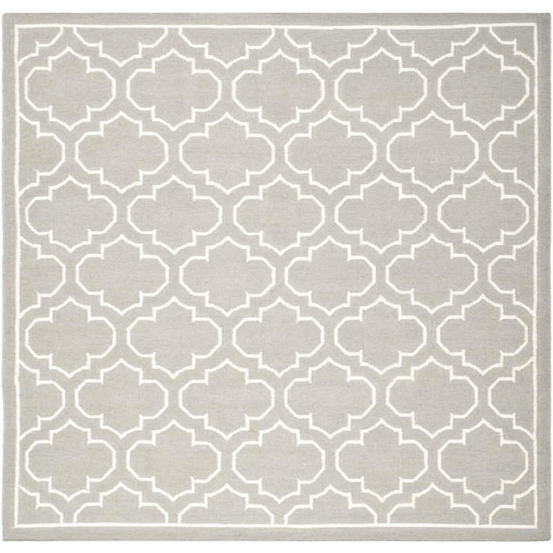 Rodgers Hand Woven Flat Weave Banana Silk/Wool/Cotton Geometric Rug in Ivory/Gray, Square 7'
