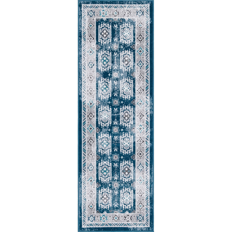 Tapis bleu à motif géométrique Dota, Tapis de couloir 2 pi x 6 pi 1 po