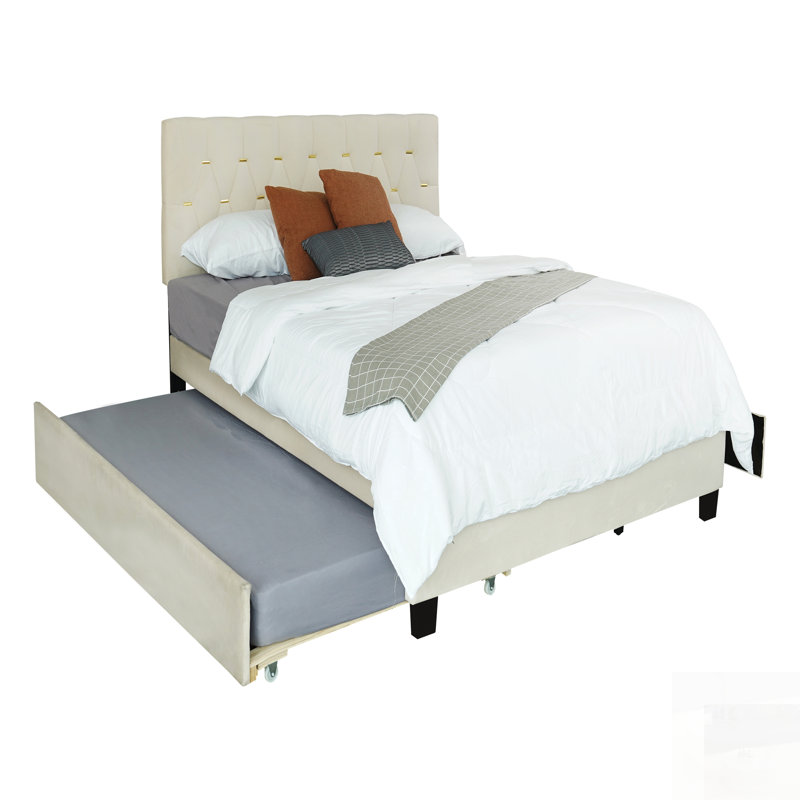 Lit moderne en velours avec lit gigogne simple et 2 tiroirs de rangement, élégant et fonctionnel pour toute chambre à coucher