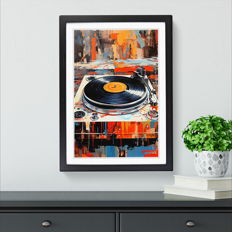 XYZ-FRM-V1223-5425 Record Player Informel - Single Picture Frame Print on Wood, Black, 64cm H x 46cm W x 2cm D