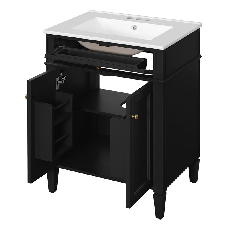 Meuble-lavabo 24 po avec 2 portes et tiroir escamotable, armoire de rangement de salle de bain avec lavabo, portes à fermeture en douceur avec organisateurs