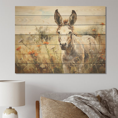 Donkey Flower Meadow Landscape II - Donkey On Wood Print