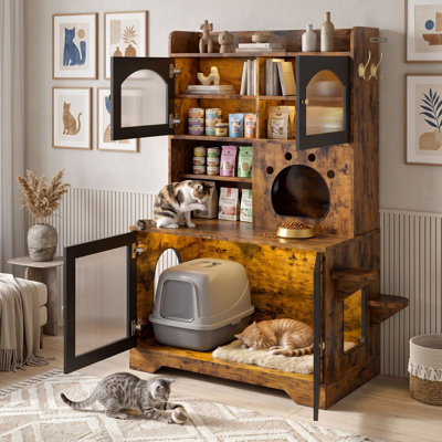 3-Tier Cat Litter Box Enclosure with Fluted Acrylic Doors, Adjustable LED, Climbing Platforms and Hidden Washroom