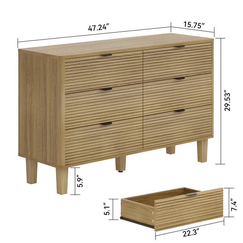 Commode 6 tiroirs Granthan, commode double l 47,2 po, commode en bois pour la chambre à coucher, commode de rangement