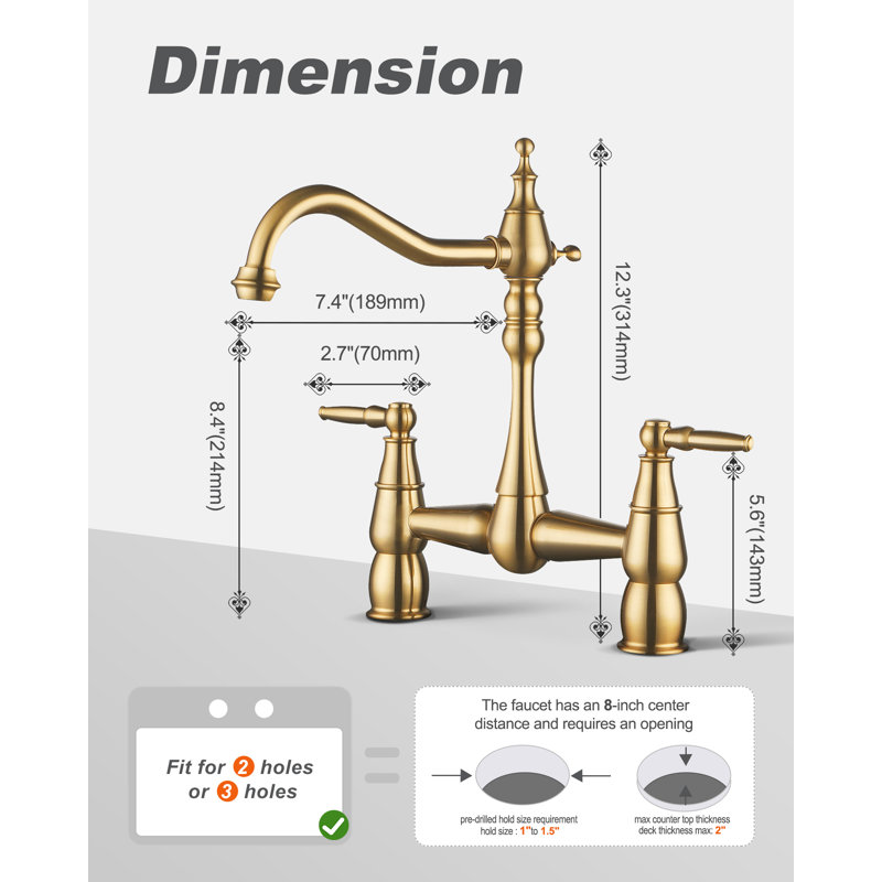 Bridge Centerset Kitchen Faucet for Sink, 2 Hole Brass Kitchen Sink Faucet, Brushed Gold