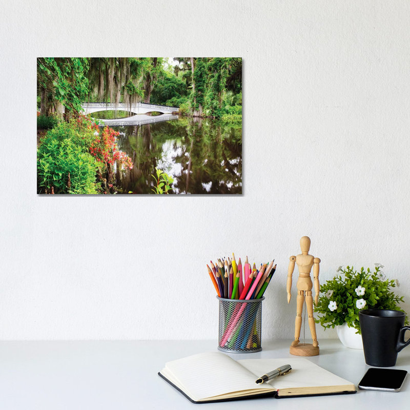 Little White Wooden Footbridge In A Lake, Magnolia Plantation, Charleston, South Carolina by George Oze - Wrapped Canvas Print