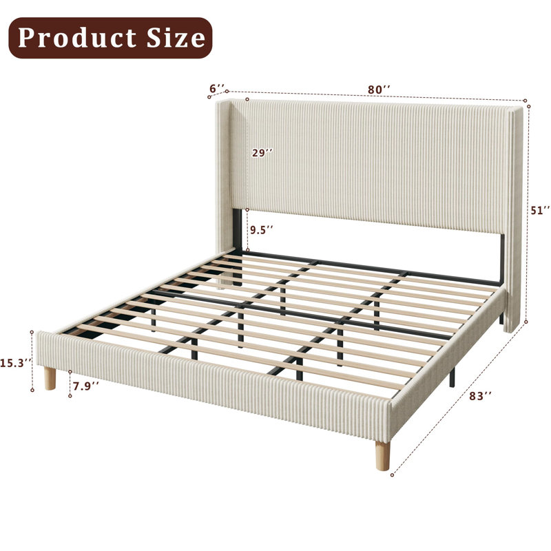 Corduroy Upholstered Bed Frame With Tall Headboard, Wingback Platform Bed, King, White