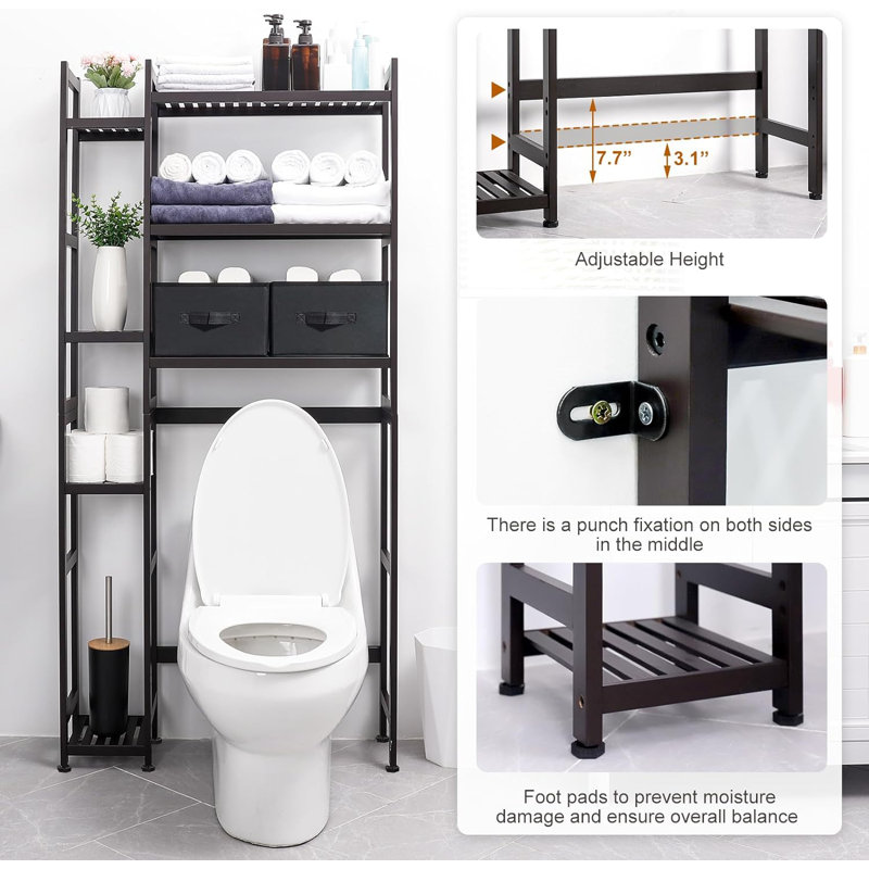 Brown Bamboo Adjustable Over-the-Toilet Storage Rack with Basket and Drawer