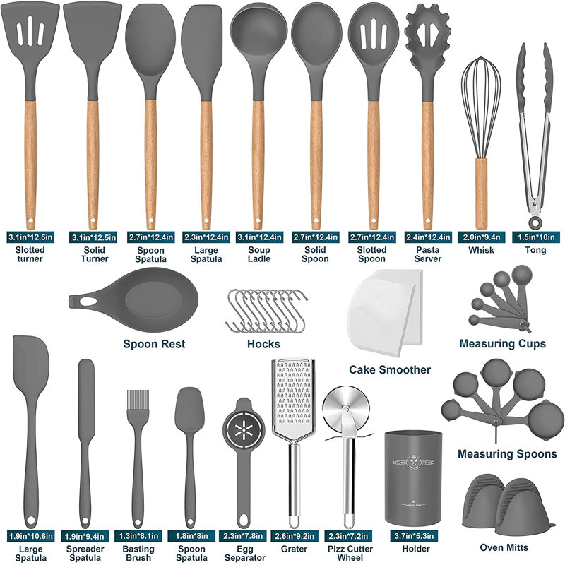 Gray Silicone and Wood 43-Piece Cooking Utensil Set