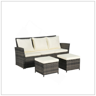 Ensemble de meubles de patio 3 pièces, ensemble de conversation de patio en rotin avec osier pour l'extérieur, ensemble de meubles en osier en PE toutes saisons avec deux repose-pieds pour porche, cour arrière, balcon