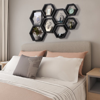 8 Piece Hexagon Floating Shelves Black Wall Mounted Honeycomb Shelves Set For Bedroom Living Room Bathroom Home Decor