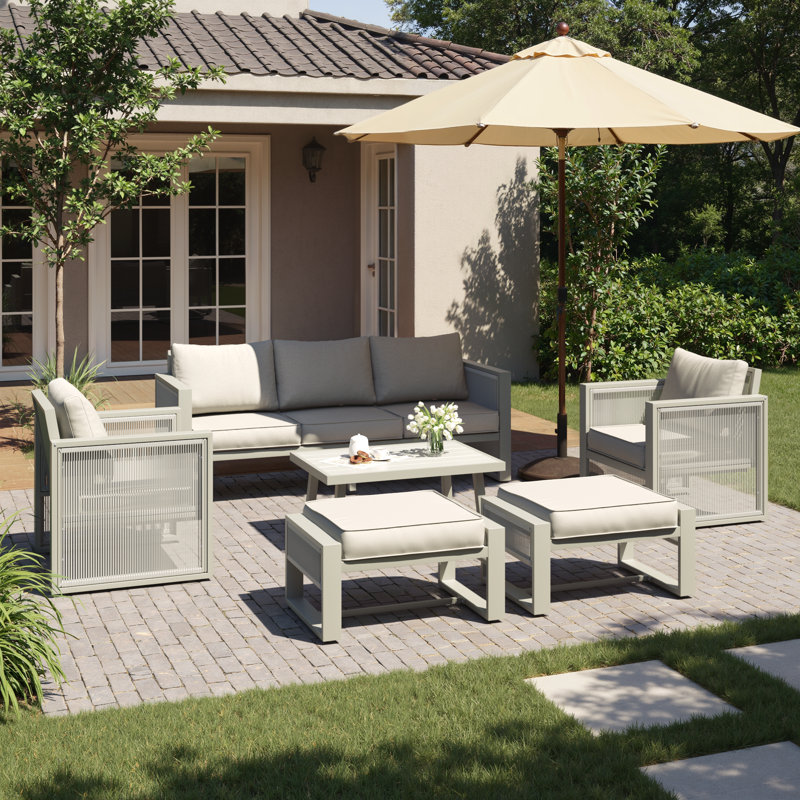 Ensemble de conversation pour patio 7 personnes avec coussins Harloe, avec cordon décoratif, Coussin beige / structure grise