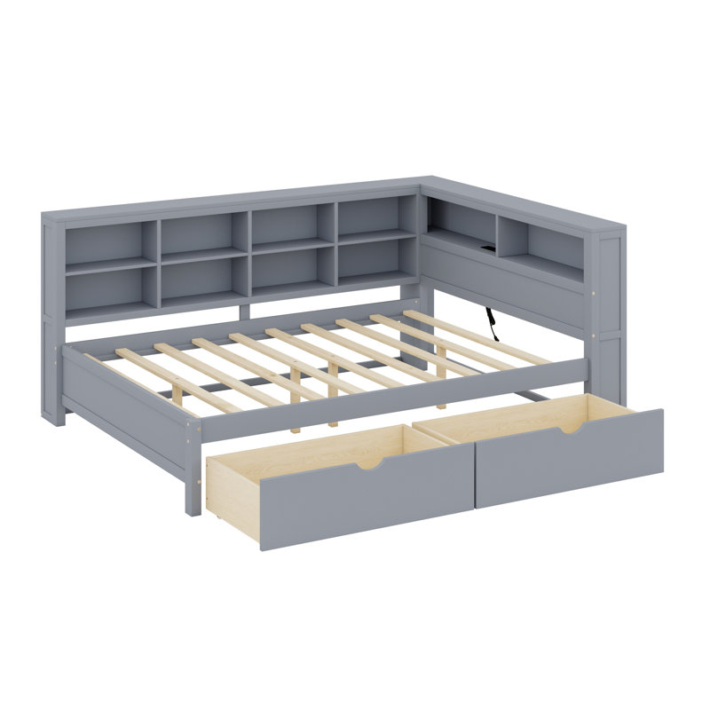 Lit de jour en bois avec 2 tiroirs, lit de jour avec tablette de rangement et ports de chargement USB, Double, gris