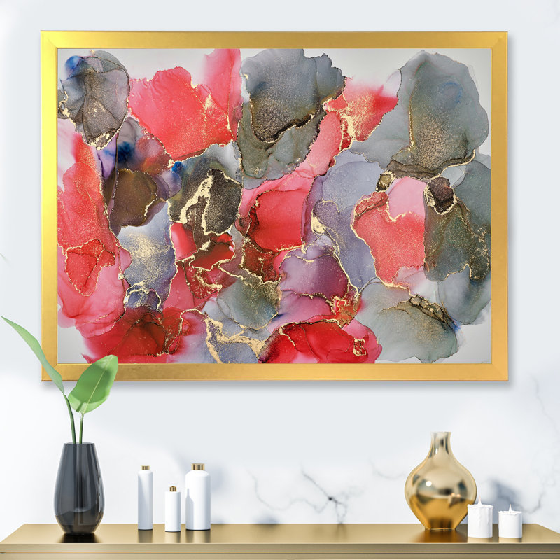 Fluide abstrait rouge et gris luxueux - peinture sur toile, H 12 po x l 20 po x P 1 po, Encadrement doré