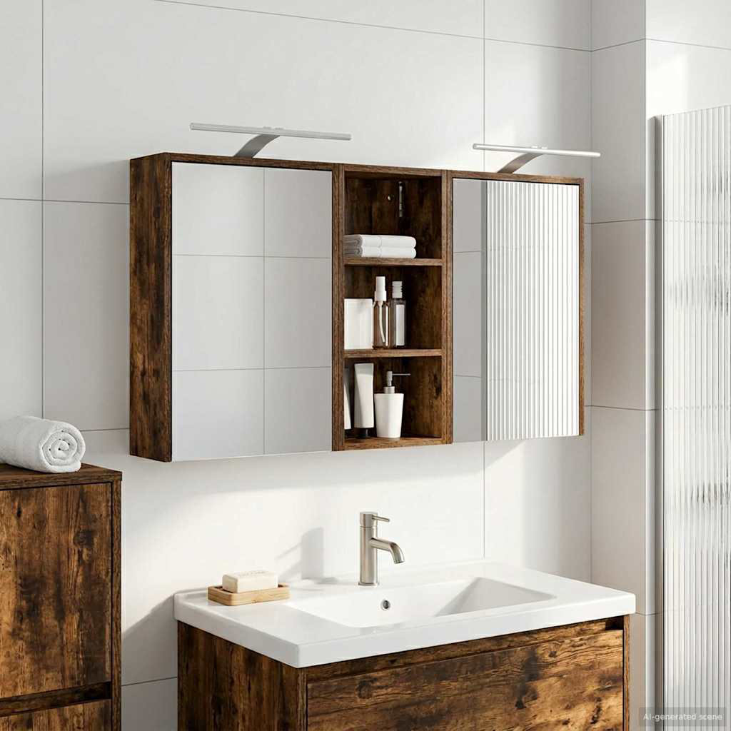 Bathroom Cabinet Set With LED Strip Lights Engineered Wood Shelving
