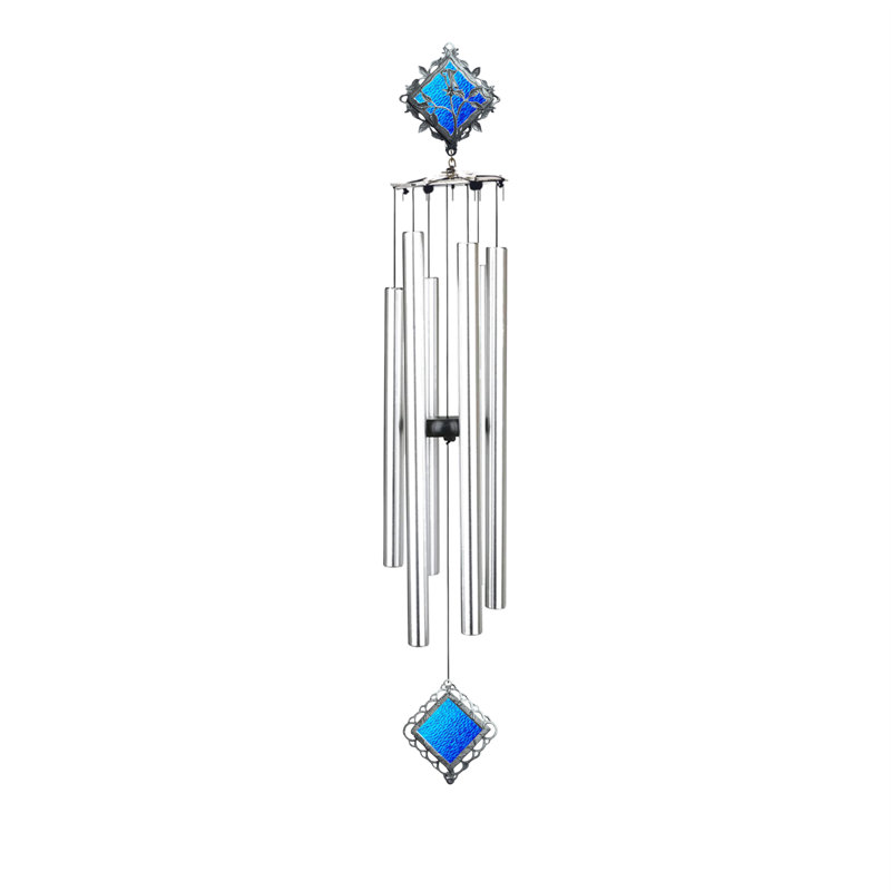 Carillon éolien - vitrail rose 36 po - verre sarcelle - tube, Bleu sarcelle / argenté