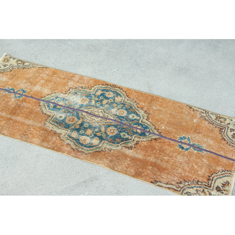 Vintage Turkish Small Rug Ideal For Office And Home Entry In Bright Brown Patchwork Tribal Design Made Of Wool