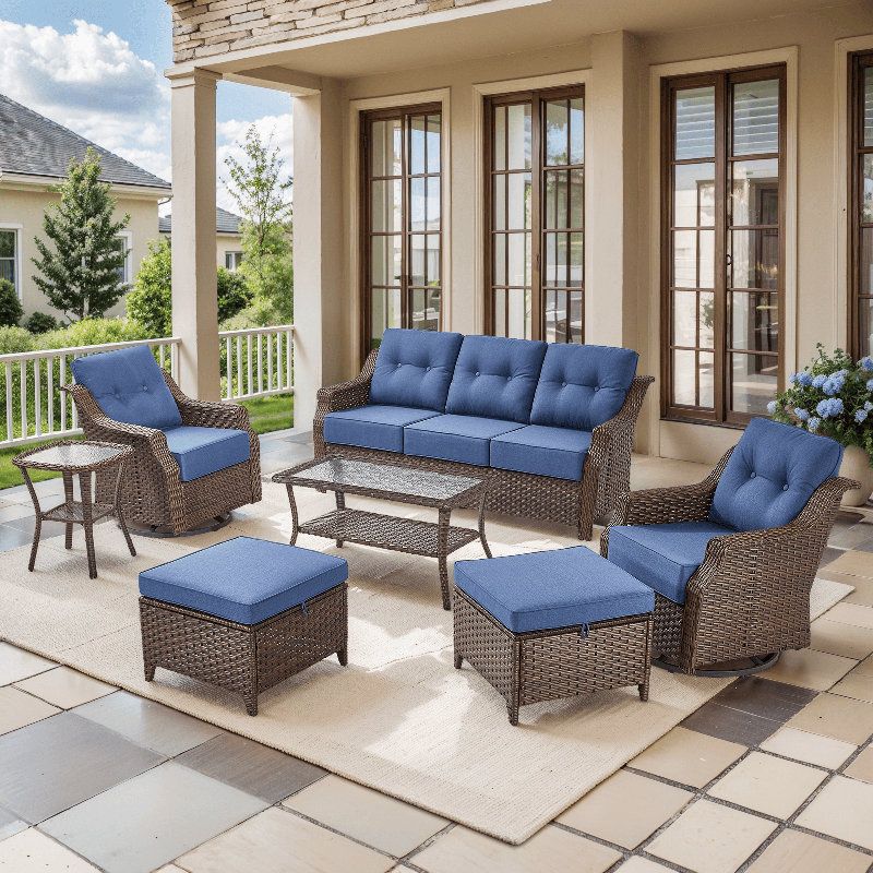 Elona 7-Pieces Sofa Seating Group With 6" Thickness Cushions And Coffee Table, Blue