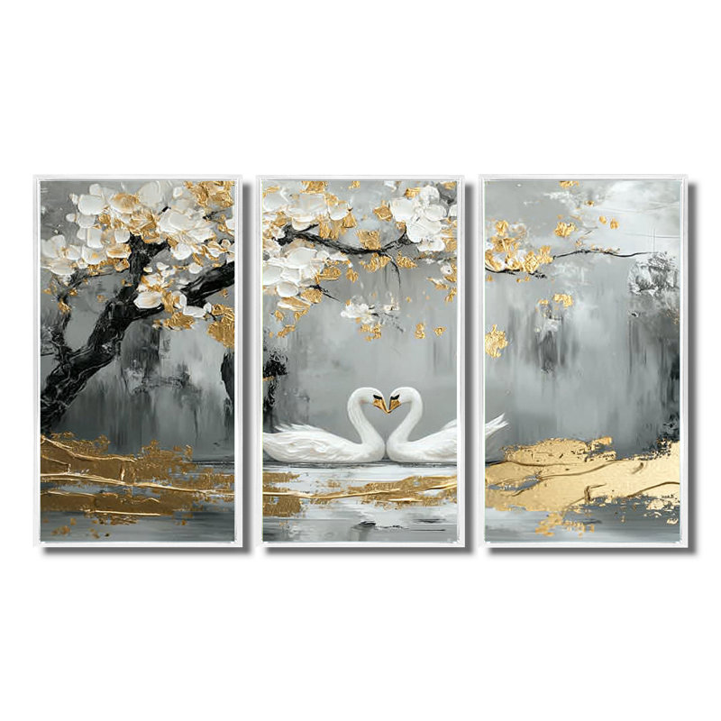 Ensemble de salon gris et or avec cygnes «Love Under Cherry Blossom III», Toile encadrée flottée blanche