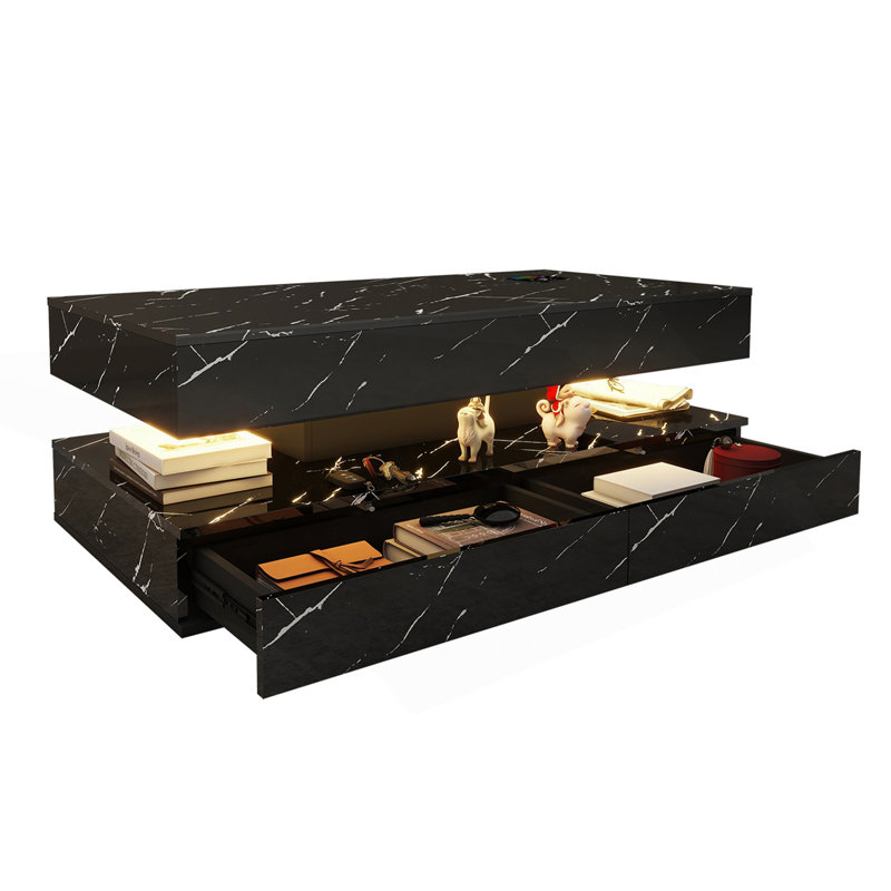 Table basse moderne avec lumières DEL 24 couleurs, console avec chargement sans fil et haut-parleur Bluetooth, Black