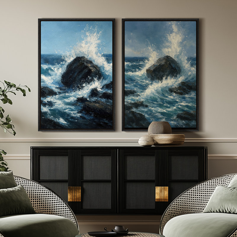 Art mural encadré, "Ocean Wave Rock", impressions murales abstraites pour chambre à coucher - 16 po x 24 po x 2 pièces, Noir