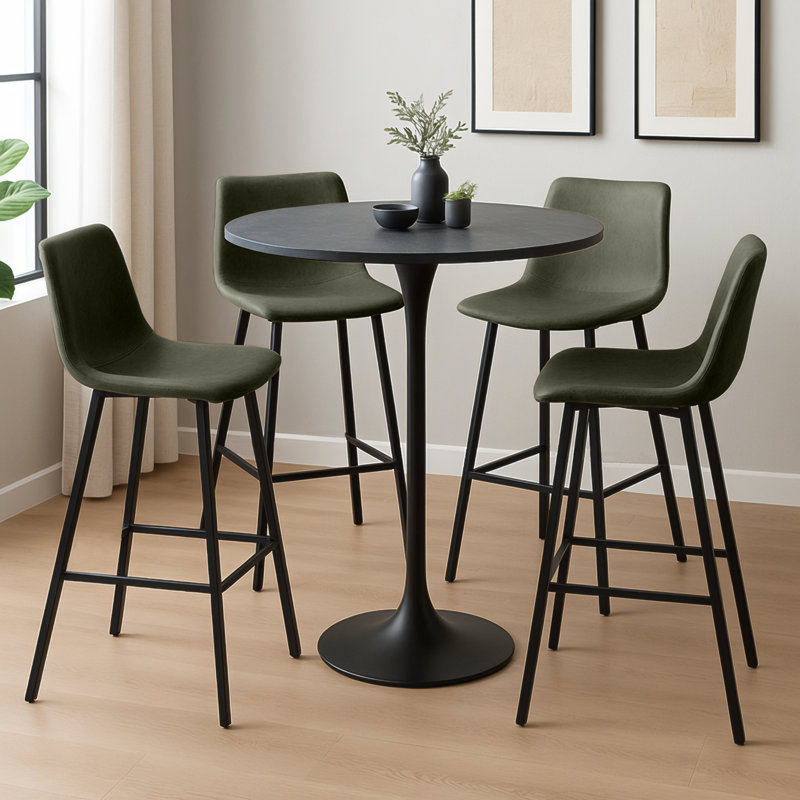 Brookhaven 5-Piece Bar-Height Dining Set With Round MDF Bar Table And Stainless Steel Base, Upholstered Leather Bar Stools With Iron Legs