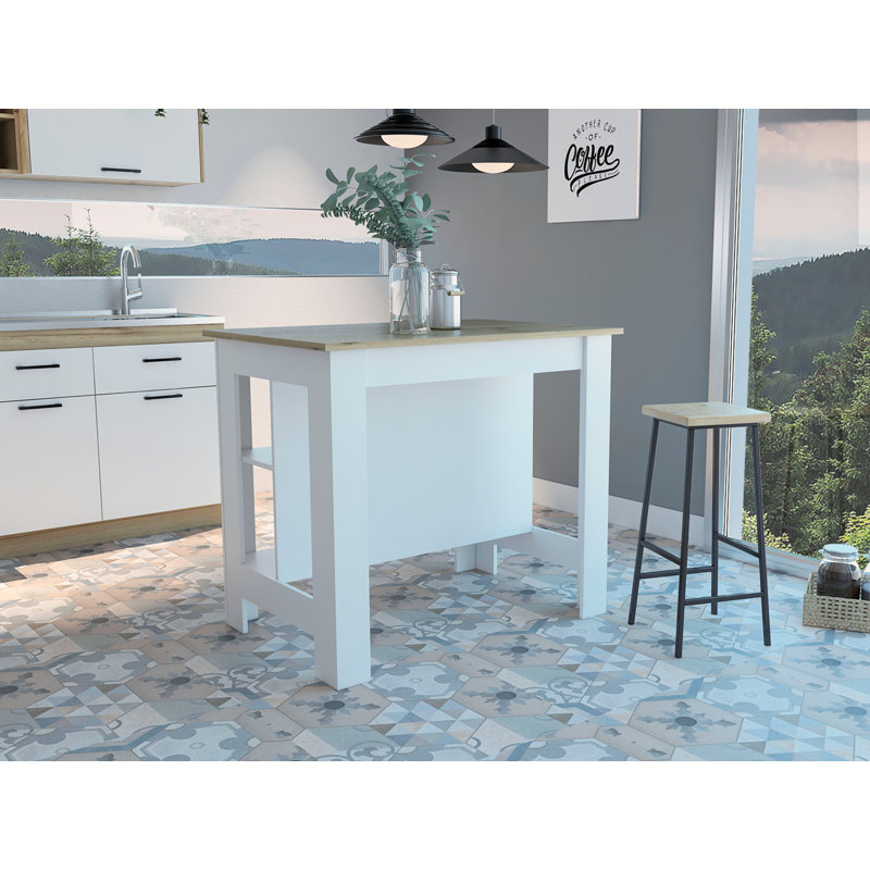 Îlot de cuisine moderne antibactérien, trois tablettes, quatre pieds - chêne clair / blanc