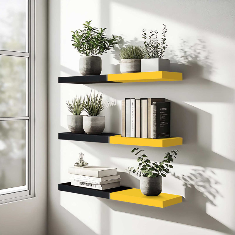 23.6''W Color Block Floating Shelves Set, Black/Yellow