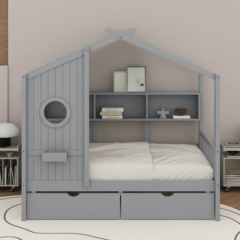 Lit en bois avec tablette de rangement et tiroirs, Gris, Lit simple