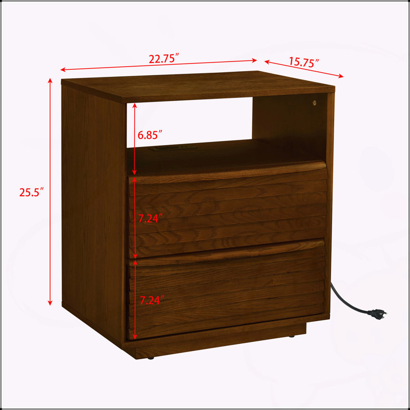 Table de chevet Mid-Century moderne avec station de charge, prise de courant et 2 tiroirs, persienne pour dortoir, noyer