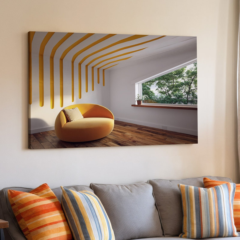Toile, "Cozy Modern Living Space Doted", un grand mur, art mural orné de lignes courbes abstraites jaunes sur fond blanc, art sur toile