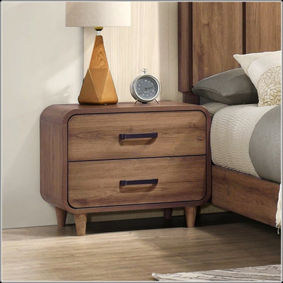 Table de chevet contemporaine en bois avec deux tiroirs spacieux pour un rangement spacieux et un design élégant, parfait pour les chambres modernes.