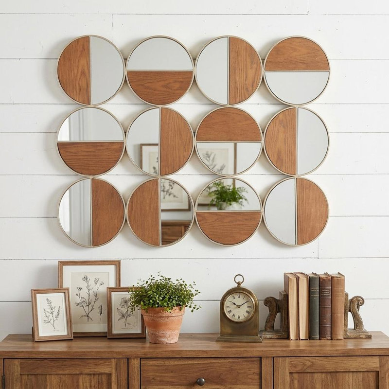 36" Gold And Walnut Steel Round Framed Accent Mirror