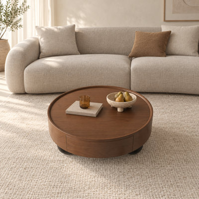 Table basse ronde en noyer de 90 cm (35,45 pouces) avec tiroir de rangement et pieds boule noirs, table basse ronde en bois de style moderne du milieu du siècle, table d'appoint ronde rétro pour salon, petite table basse ronde pour appartement, bureau à domicile, chambre d'amis
