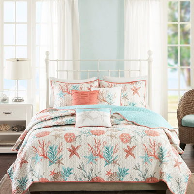 Courtepointe en coton 6 pièces avec coussins décoratifs, taille corail double / grand, coquillages et coraux imprimés, tissu en mélange doux, vermicelle, bord de mer, literie étoiles de mer facile à laver, coton / mélange, courtepointe,