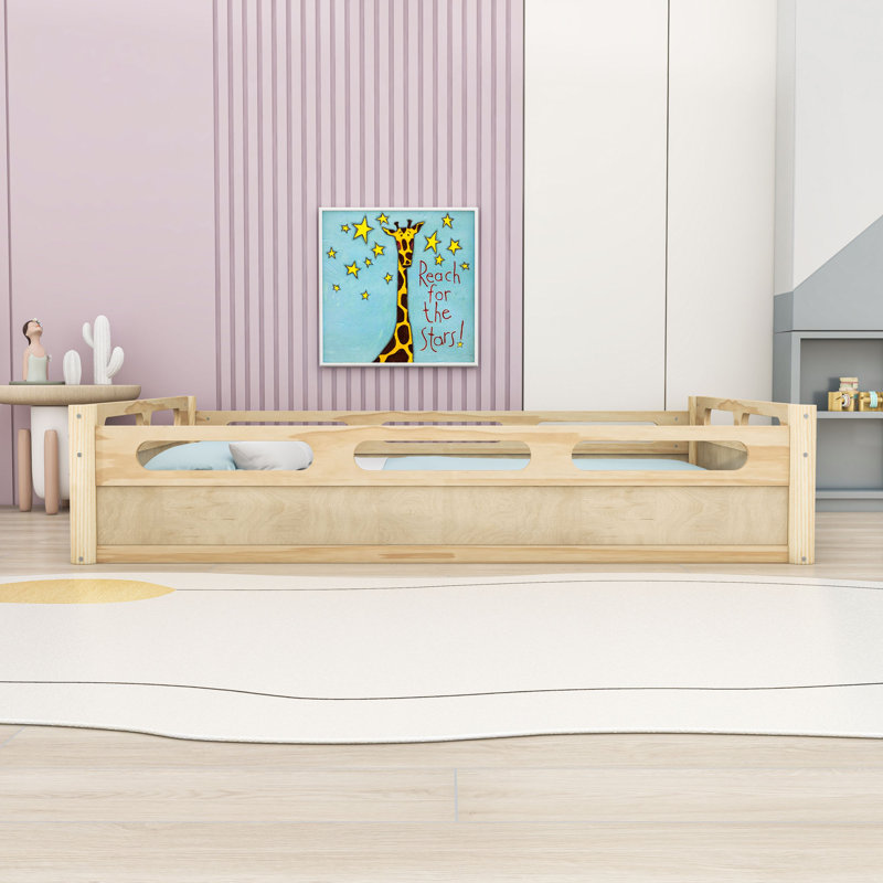 Floor Platform Bed with Guardrails, Natural, Full