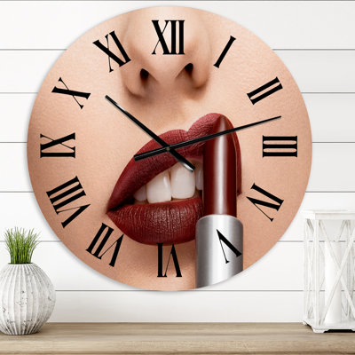 Woman Applying Red Lipstick On Lips - Modern wall clock