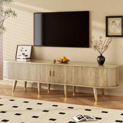 Meuble télé avec porte coulissante, grand espace de rangement – ​​Meuble télé de campagne en MDF avec étagères ouvertes, tiroirs et garde-robe – Design naturel