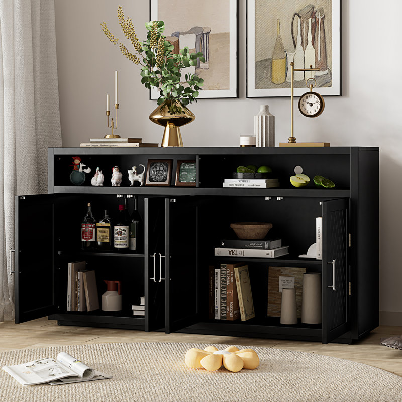 Veton 60'' 4-Doors Sideboard with Open Storage and Adjustable Shelves, Console Tbale with Cabinet,Office Credenza, Black