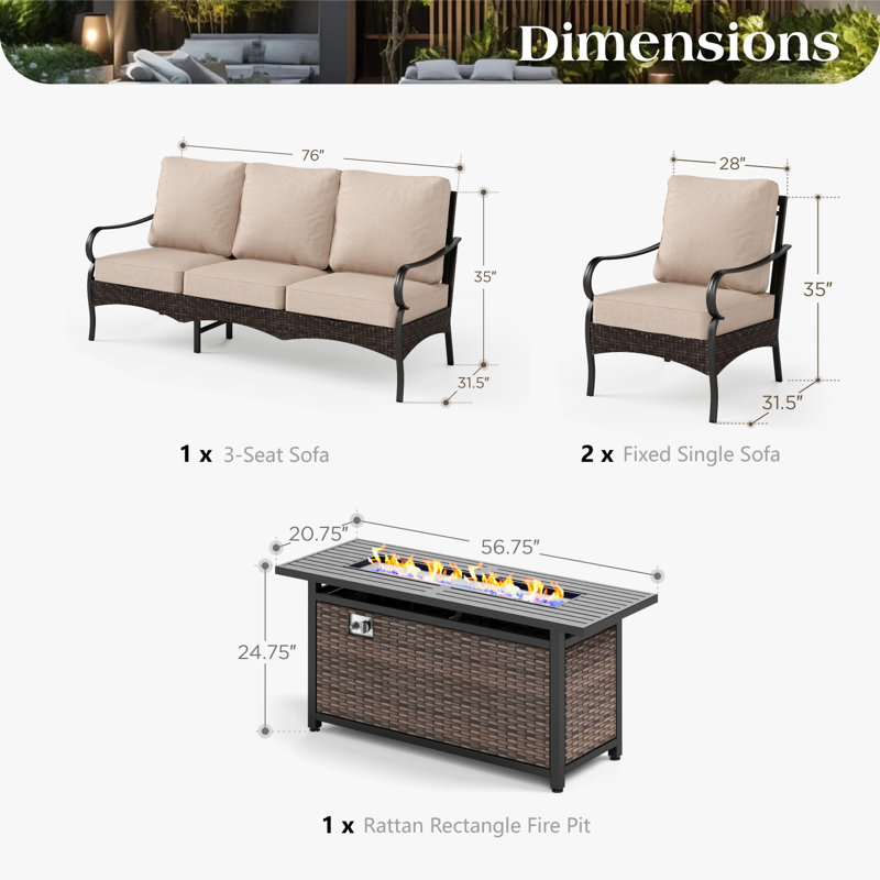 5-Person Outdoor Patio Conversation Set With Fire Pit Table , Beige