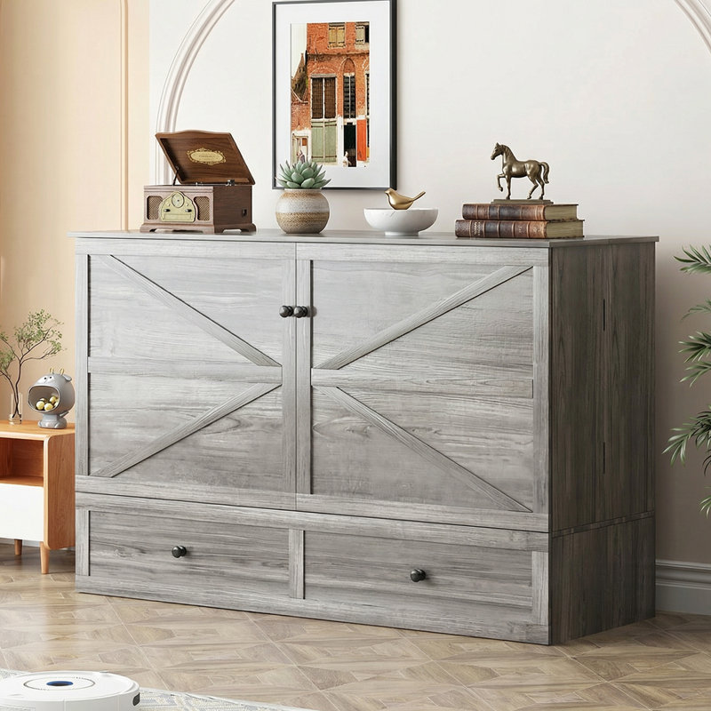 Armoire lit double pleine grandeur avec chargement USB et tiroir, gris, Lit double