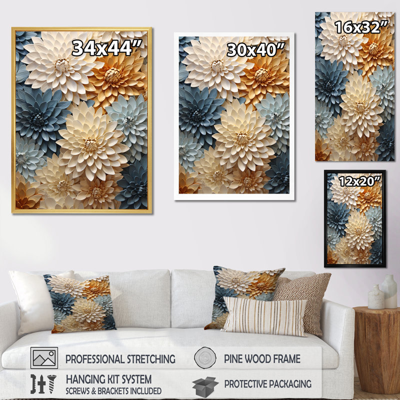 «Blue and White Mums Flowers Elegance VI», reproduction sur toile, Cadre flottant blanc, 32" H x 16" W
