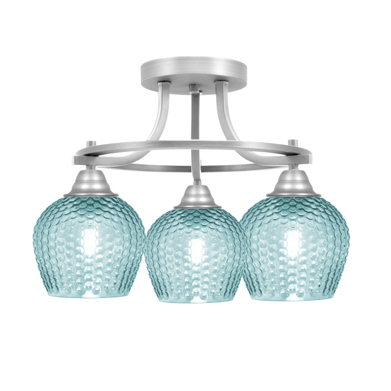 Verre turquoise 6 "à finition nickel brossé semi-encastré 3 ampoules Amancio, Nickel brossé, Sarcelle